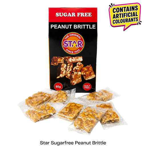 Star Sugar Free Peanut Brittle packaging with several individually wrapped pieces displayed in front on a white background, plus a yellow badge stating it contains artificial colours.