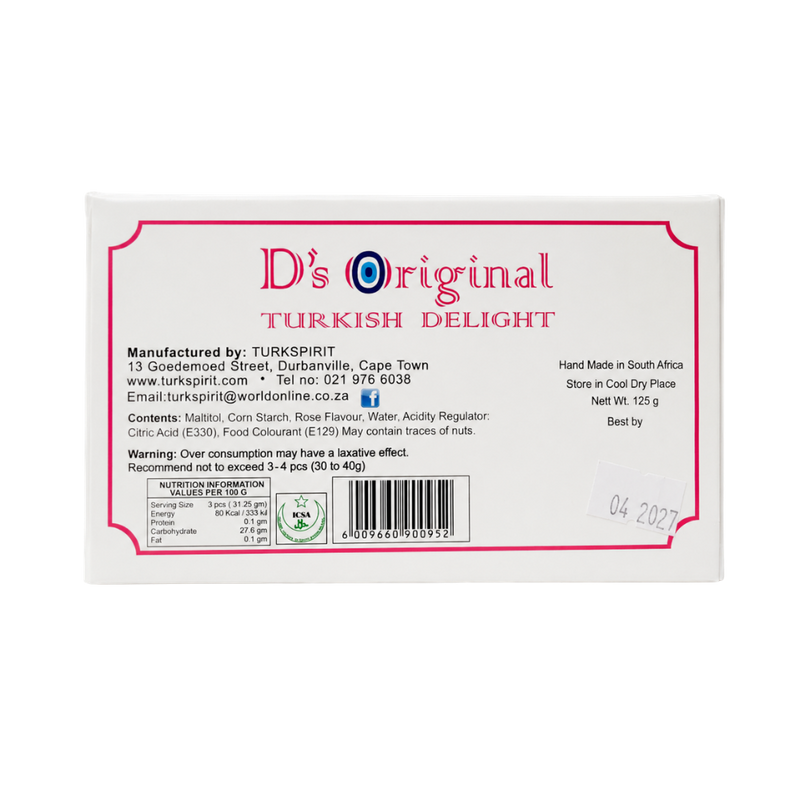 Back of pack of D's Original Sugarfree Turkish Delight