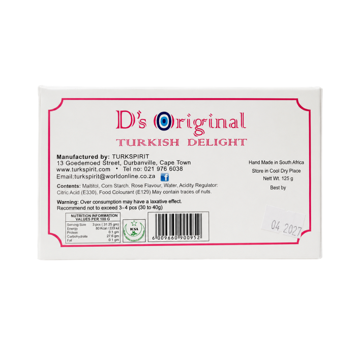 Back of pack of D's Original Sugarfree Turkish Delight