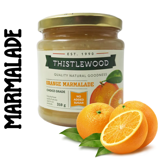 Jar of Nature's Choice No Added Sugar Marmalade with oranges on a clear background