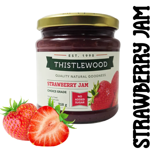 Jar of Thistlewood No Added Sugar strawberry jam with strawberries on a clear backgroundbackground