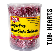 Tub of 100 sugar-free heart shaped lollipops by caring candies