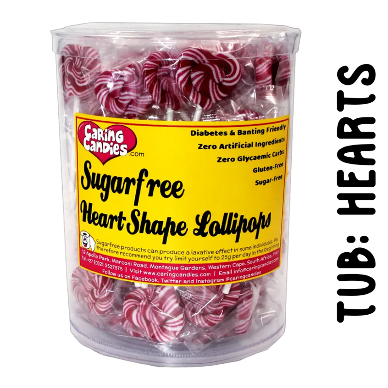 Tub of 100 sugar-free heart shaped lollipops by caring candies