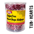 Tub of 100 sugar-free heart shaped lollipops by caring candies