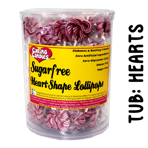 Tub of 100 sugar free heart shaped lollipops by Caring Candies. A perfect, tooth-friendly lollipop alternative for Parents, Doctors, Dentists, Dietitians, Hairdressers, Teachers, etc. to give to their little visitors and patients