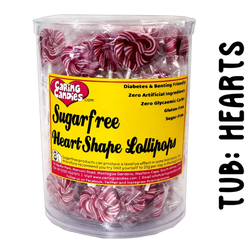 Tub of 100 sugar-free heart shaped lollipops by caring candies