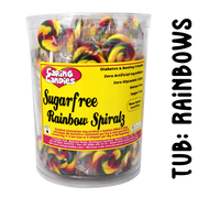 Tub of 100 rainbow coloured striped sugar-free lollipops by caring candies