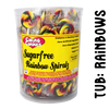 Tub of 100 rainbow coloured striped sugar-free lollipops by caring candies