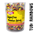 Tub of 100 rainbow coloured striped sugar-free lollipops by caring candies