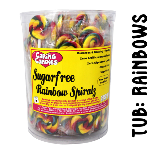 Tub of 100 sugar free rainbow coloured mini round lollipops made with natural colourants by Caring Candies.  A perfect, tooth-friendly lollipop alternative for Parents, Doctors, Dentists, Dietitians, Hairdressers, Teachers, etc. to give to their little visitors and patients