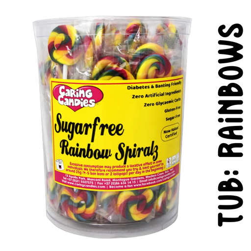 Tub of 100 rainbow coloured striped sugar-free lollipops by caring candies