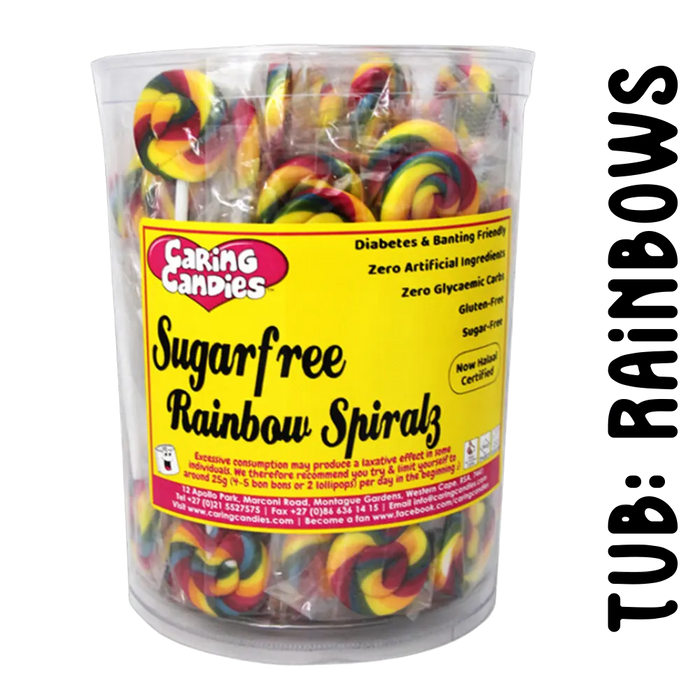 Tub of 100 rainbow coloured striped sugar-free lollipops by caring candies