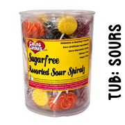 Tub of 100 assorted sour flavoured sugar-free lollipops by caring candies