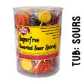 Tub of 100 assorted sour flavoured sugar-free lollipops by caring candies