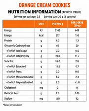 Nutritional information table for Wholesome Harvest No Added Sugar Orange Cream Cookies, per 100g and per 30g serving.