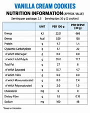 Nutritional information table for Wholesome Harvest No Added Sugar Vanilla Cream Cookies, per 100g and per 30g serving.