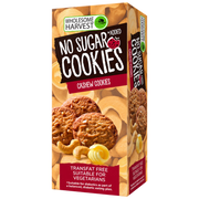 Box of Wholesome Harvest No Added Sugar Cashew Nut Cookies showing golden butter cookies with cashew pieces.