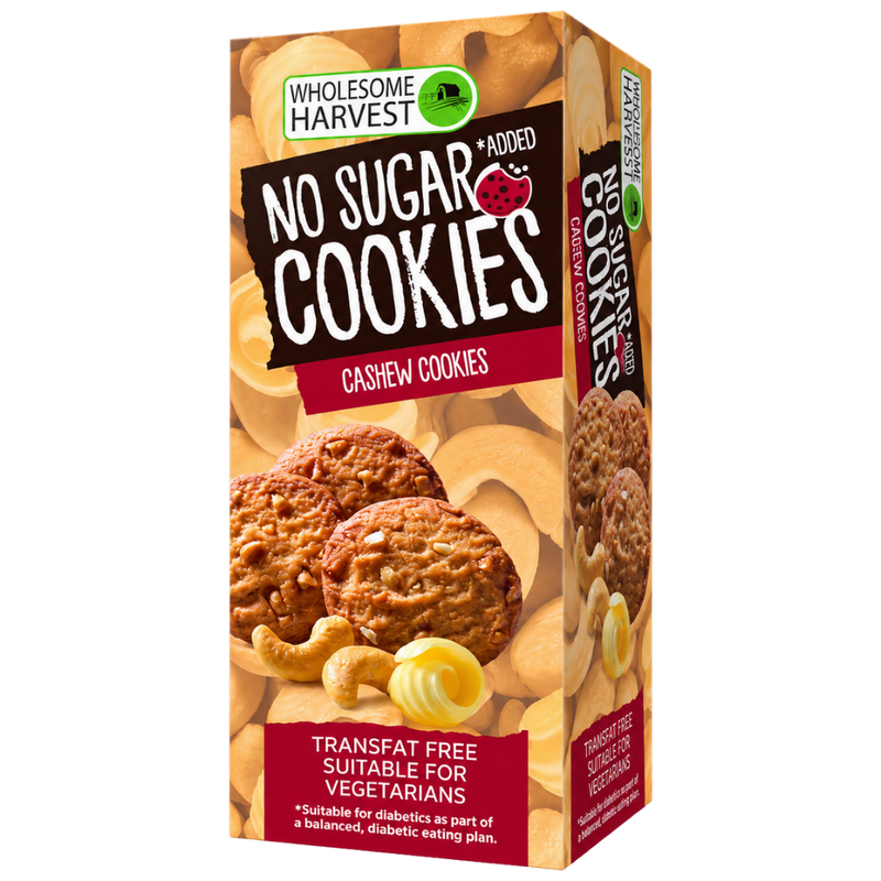 Box of Wholesome Harvest No Added Sugar Cashew Nut Cookies showing golden butter cookies with cashew pieces.