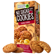 Box of Wholesome Harvest No Added Sugar Cashew Nut Cookies with golden butter cookies studded with cashew pieces in front, one broken in half.