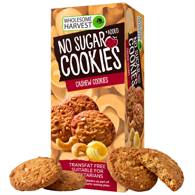 Box of Wholesome Harvest No Added Sugar Cashew Nut Cookies with golden butter cookies studded with cashew pieces in front, one broken in half.