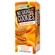 Box of Wholesome Harvest No Added Sugar Orange Cream Cookies showing golden sandwich cookies with orange cream filling.