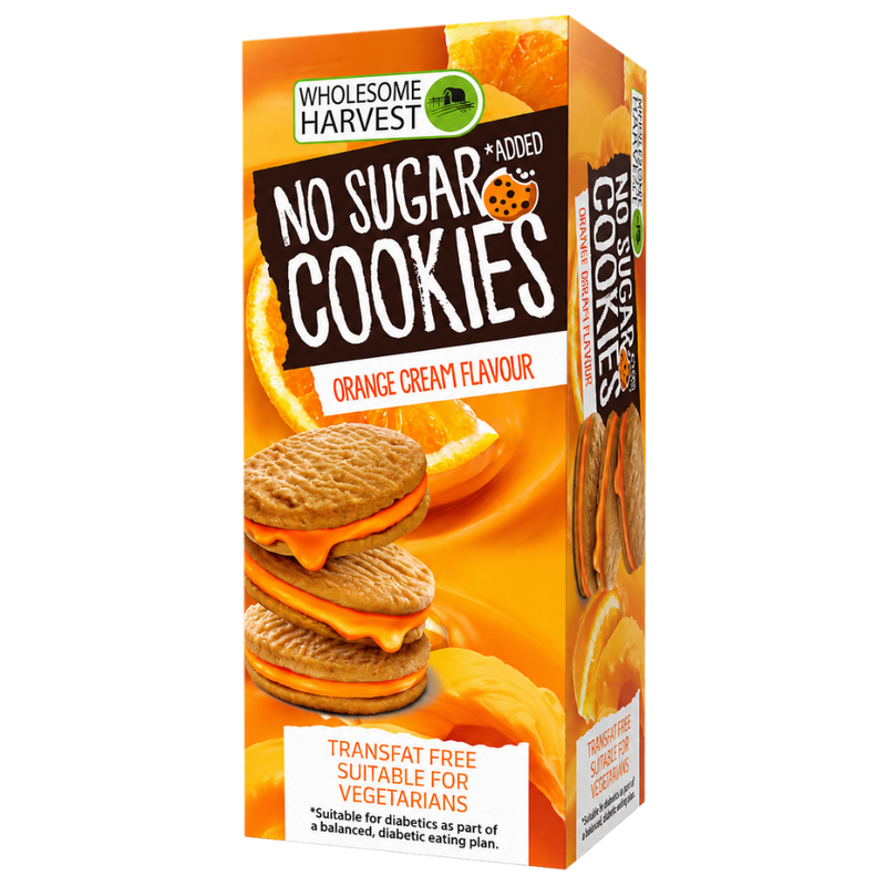 Box of Wholesome Harvest No Added Sugar Orange Cream Cookies showing golden sandwich cookies with orange cream filling.