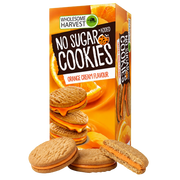 Box of Wholesome Harvest No Added Sugar Orange Cream Cookies with golden sandwich cookies and orange cream filling in front, one bitten to show the centre.