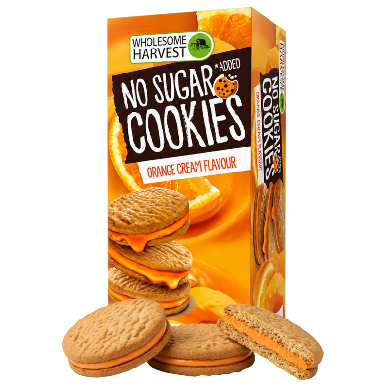 Box of Wholesome Harvest No Added Sugar Orange Cream Cookies with golden sandwich cookies and orange cream filling in front, one bitten to show the centre.