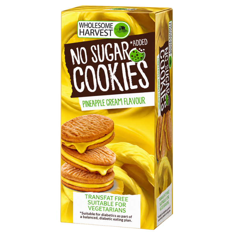 Box of Wholesome Harvest No Added Sugar Pineapple Cream Cookies showing golden sandwich cookies with yellow pineapple cream filling.