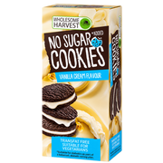 Box of Wholesome Harvest No Added Sugar Vanilla Cream Cookies showing chocolate sandwich cookies with white vanilla cream filling.
