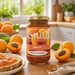 A jar of ES PLEEZE Apricot jam stands on a wooden table in a bright kitchen setting, surrounded by fresh apricots, a slice of toast with jam, and a spoonful of the product.