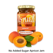 A jar of Les Pleeze Apricot Jam with a gold lid and orange label, shown with whole and halved apricots and green leaves on a white background. Text below reads 'No Added Sugar Apricot Jam'.