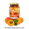 A jar of Les Pleeze Apricot Jam with a gold lid and orange label, shown with whole and halved apricots and green leaves on a white background. Text below reads 'No Added Sugar Apricot Jam'.
