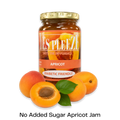A jar of Les Pleeze Apricot Jam with a gold lid and orange label, shown with whole and halved apricots and green leaves on a white background. Text below reads 'No Added Sugar Apricot Jam'.