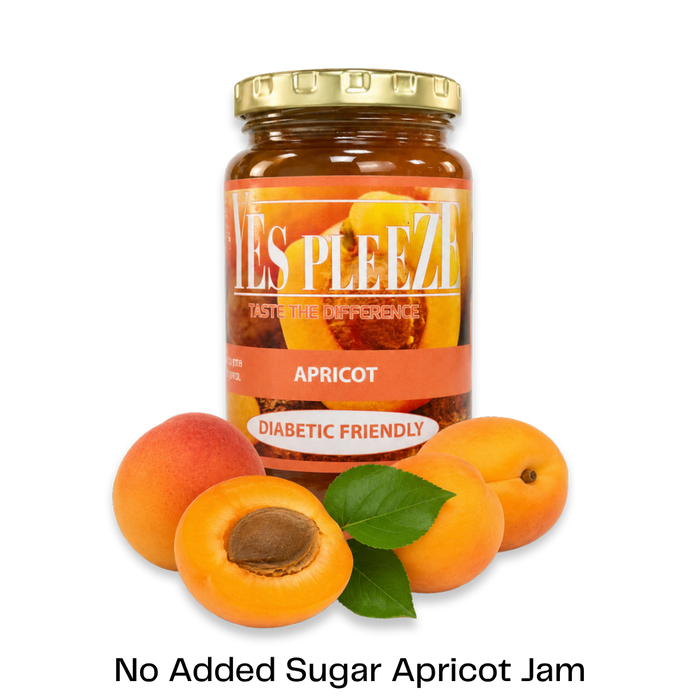 A jar of Les Pleeze Apricot Jam with a gold lid and orange label, shown with whole and halved apricots and green leaves on a white background. Text below reads 'No Added Sugar Apricot Jam'.