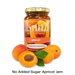 A jar of Les Pleeze Apricot Jam with a gold lid and orange label, shown with whole and halved apricots and green leaves on a white background. Text below reads 'No Added Sugar Apricot Jam'.
