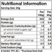 A black and white Nutrition Information label showing serving size 20g and per 100g and per 20g values for Energy, Protein, Glycaemic Carbohydrates, Total Fat, and Total Sodium, with a note about sorbitol and fructose from fruit.