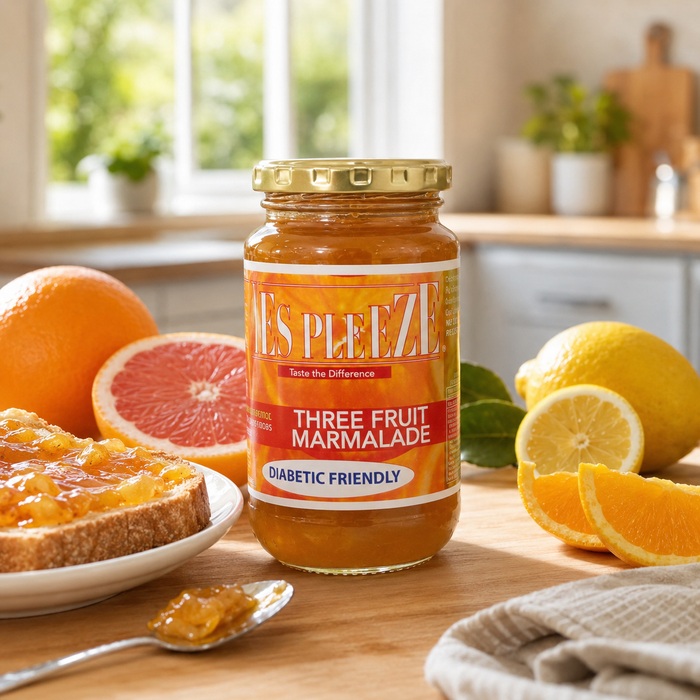 Lifestyle pic of Bottle of Yes Pleeze No Added Sugar three fruit marmalade Jam with fresh oranges, grapefruit and lemon scattered around the bottom