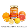 Bottle of Yes Pleeze No Added Sugar three fruit marmalade Jam with fresh oranges, grapefruit and lemon scattered around the bottom