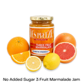 Bottle of Yes Pleeze No Added Sugar three fruit marmalade Jam with fresh oranges, grapefruit and lemon scattered around the bottom