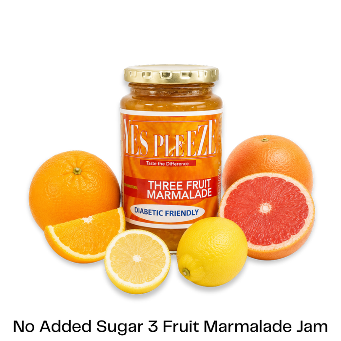 Bottle of Yes Pleeze No Added Sugar three fruit marmalade Jam with fresh oranges, grapefruit and lemon scattered around the bottom