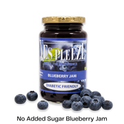 Bottle of Yes Pleeze No Added Sugar Blueberry Jam with fresh blueberries scattered around the bottom