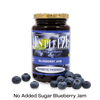 Bottle of Yes Pleeze No Added Sugar Blueberry Jam with fresh blueberries scattered around the bottom