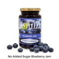 Bottle of Yes Pleeze No Added Sugar Blueberry Jam with fresh blueberries scattered around the bottom