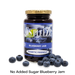 Bottle of Yes Pleeze No Added Sugar Blueberry Jam with fresh blueberries scattered around the bottom