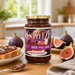 Lifestyle photo of bottle of Yes Pleeze No Added Sugar Ripe Fig Jam with fresh figs scattered around the bottom