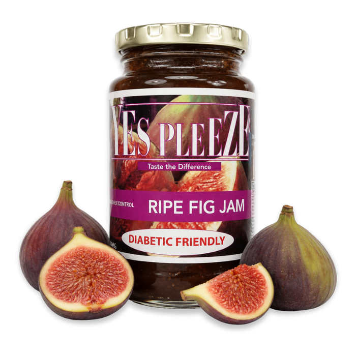 Bottle of Yes Pleeze No Added Sugar Ripe Fig Jam with fresh figs scattered around the bottom