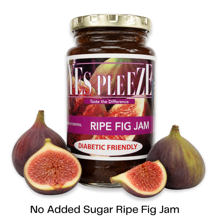 Bottle of Yes Pleeze No Added Sugar Ripe Fig Jam with fresh figs scattered around the bottom