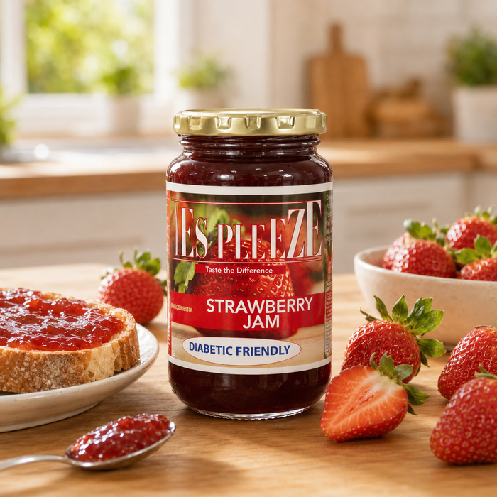 lifestyle photo of Bottle of Yes Pleeze No Added Sugar strawberry Jam with fresh strawberries scattered around the bottom