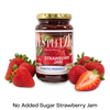 Bottle of Yes Pleeze No Added Sugar strawberry Jam with fresh strawberries scattered around the bottom